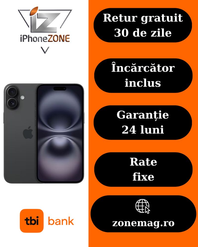 Magazin vinde iphone 16 negru 128gb 100% 44 cicluri Garantie 24 luni A