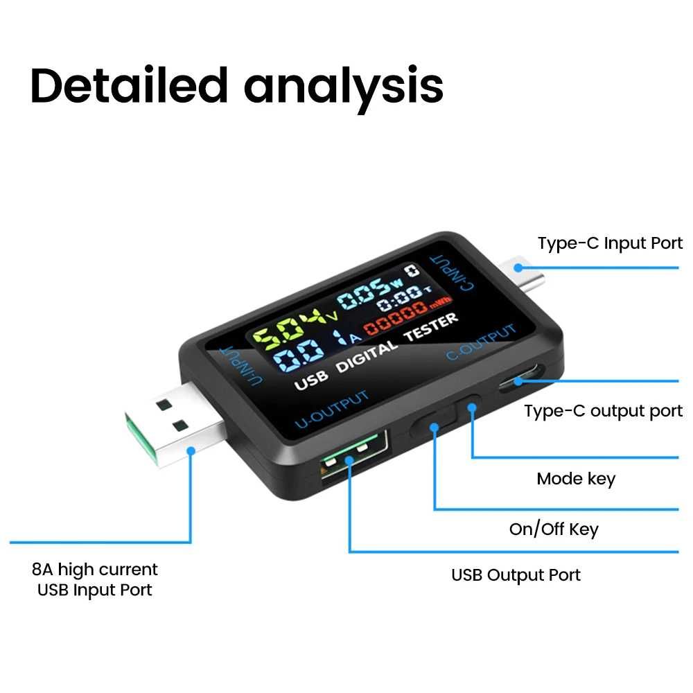 USB Type-C тестер 3в1 KWS-V21, вольтметр амперметр, емкость батарей