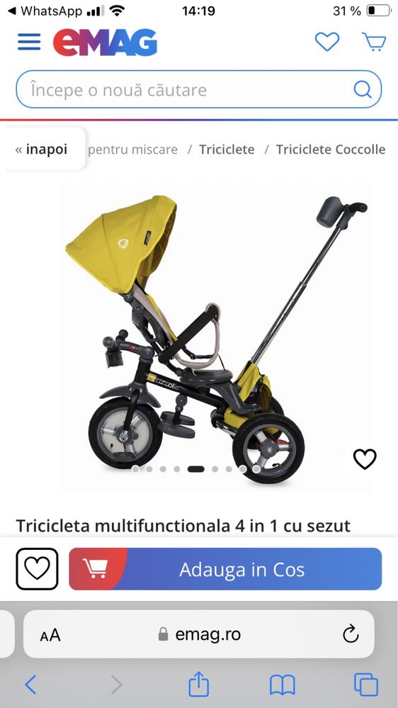 Tricicleta multifunctionala 4 in 1, Coccolle Velo