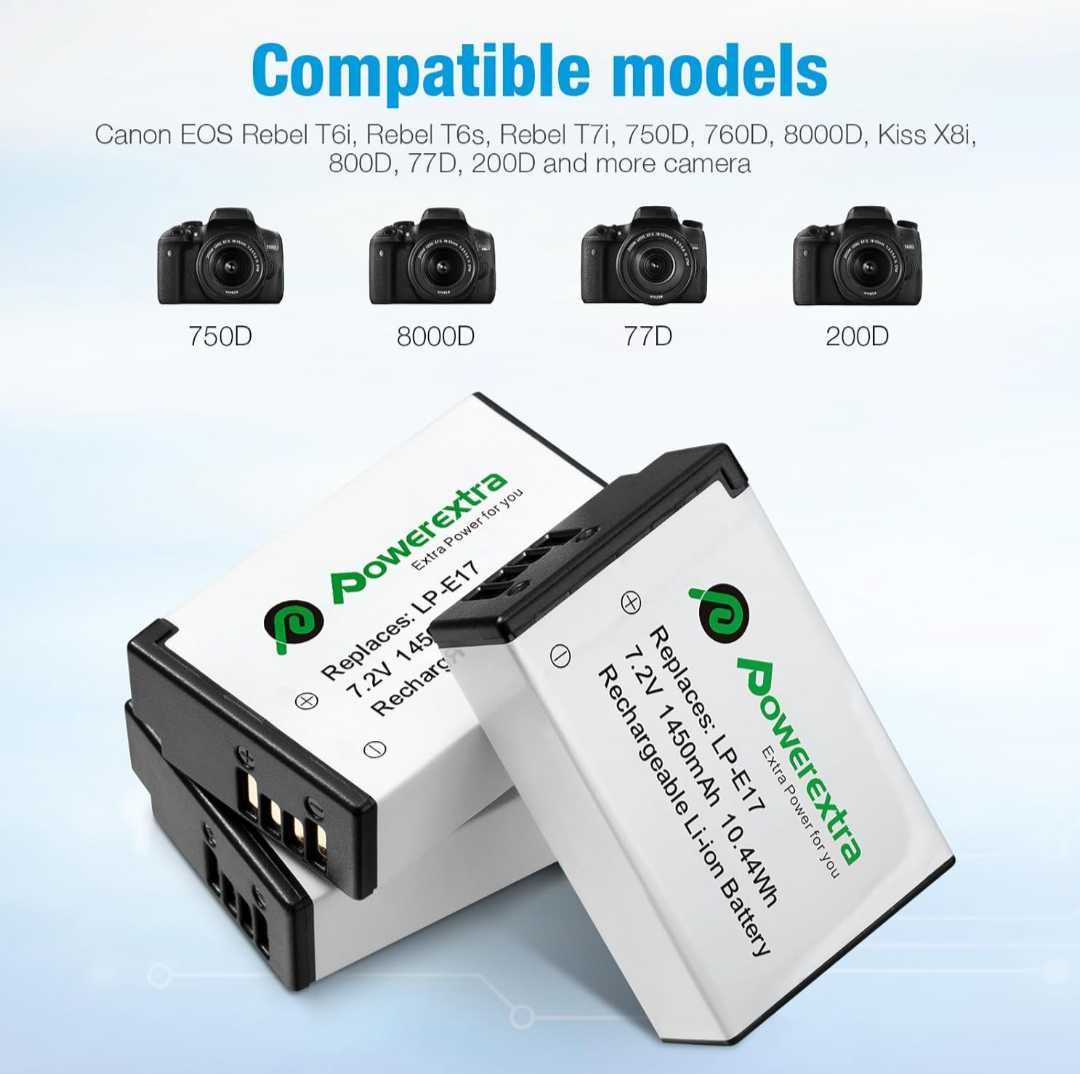 Батерии Powerextra LP-E17 3 бр. 1450mAh със зарядно 3 слота за Canon