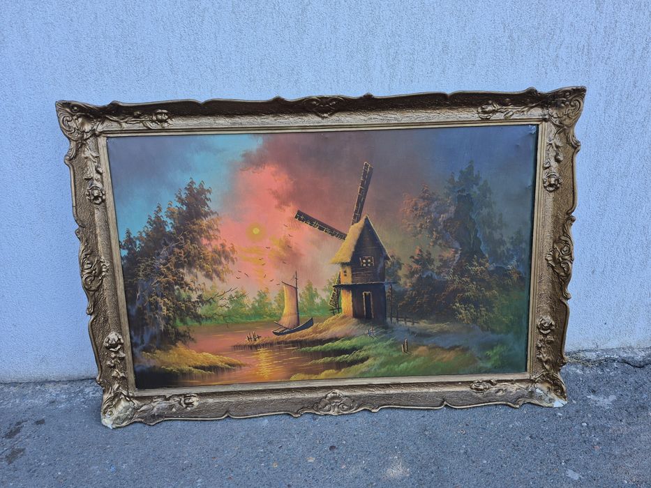 Vând tablou pictat pe pinza moara de vant la apus de soare montan