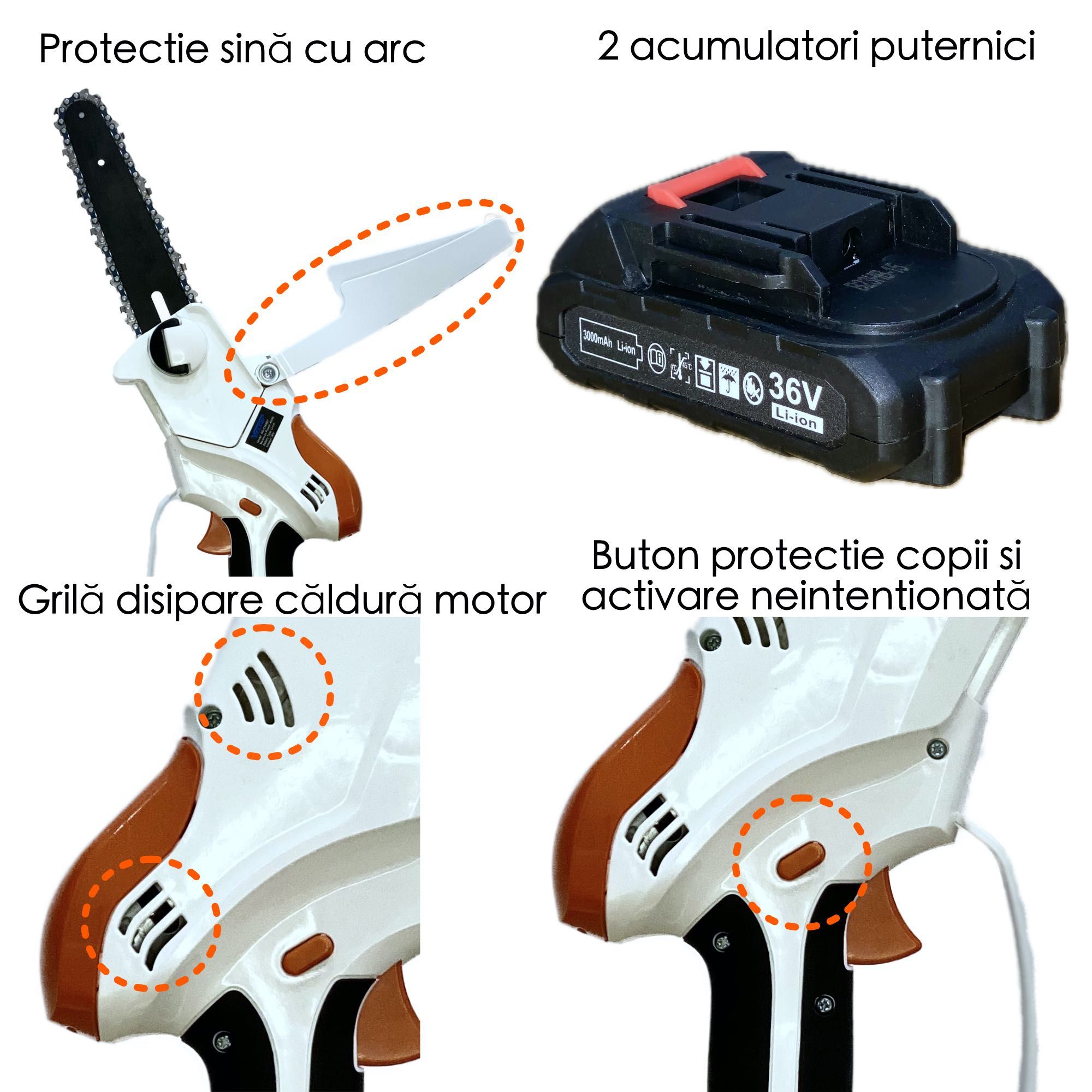 Mini drujba XForce cu 2 acumulatori 36V, Motor 400W, 3 lanturi, 2 lame