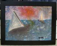 Tablou Peisaj marin Barci in larg pictura in ulei 37x47cm