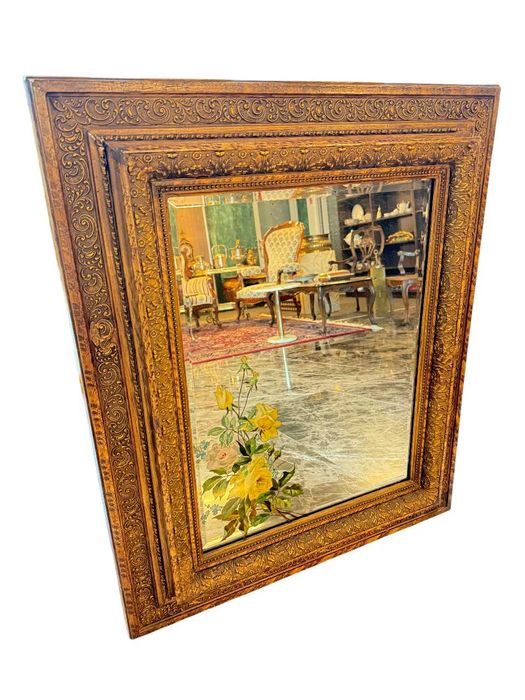 Oglindă decorativă din lemn cu ramă aurită sculptată, H. 95 x 80