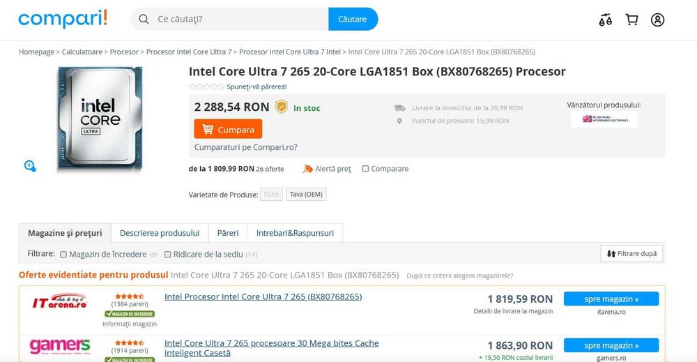 Procesor Intel Arrow Lake, Core Ultra 7 265 up  5.3 GHz , noi