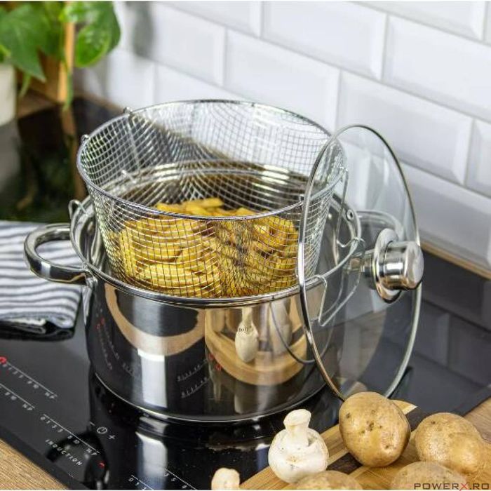 Oala din inox cu sita-cos pentru prajit, cu capac sticla, 24 cm 5.5l