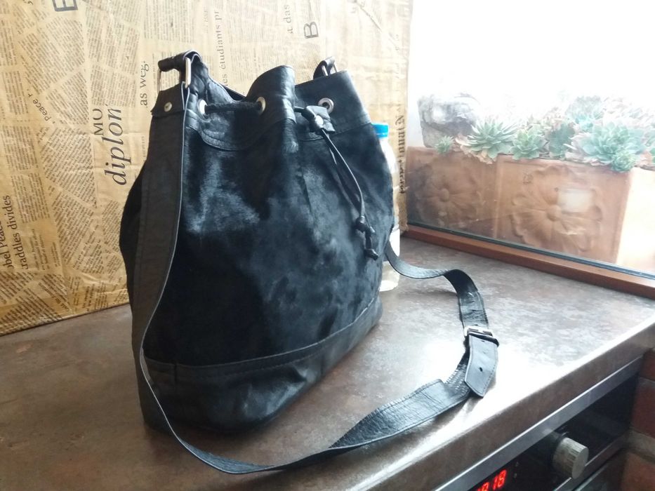 дамска чанта,черна малка кожена торба-естествена кожа и косъм