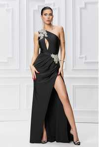 Rochie lunga eleganta din lycra, neagra, cu slit pe un picior