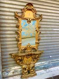 Consolă originală din lemn sculptat, pictat , cu foita de aur, Italia