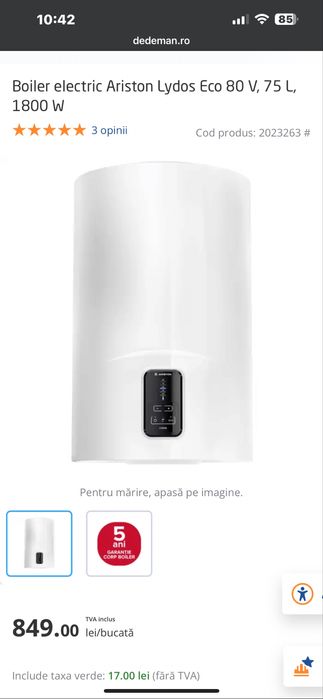 Boiler electric Ariston Lydos Eco 80 V, 75 L, 1800 W