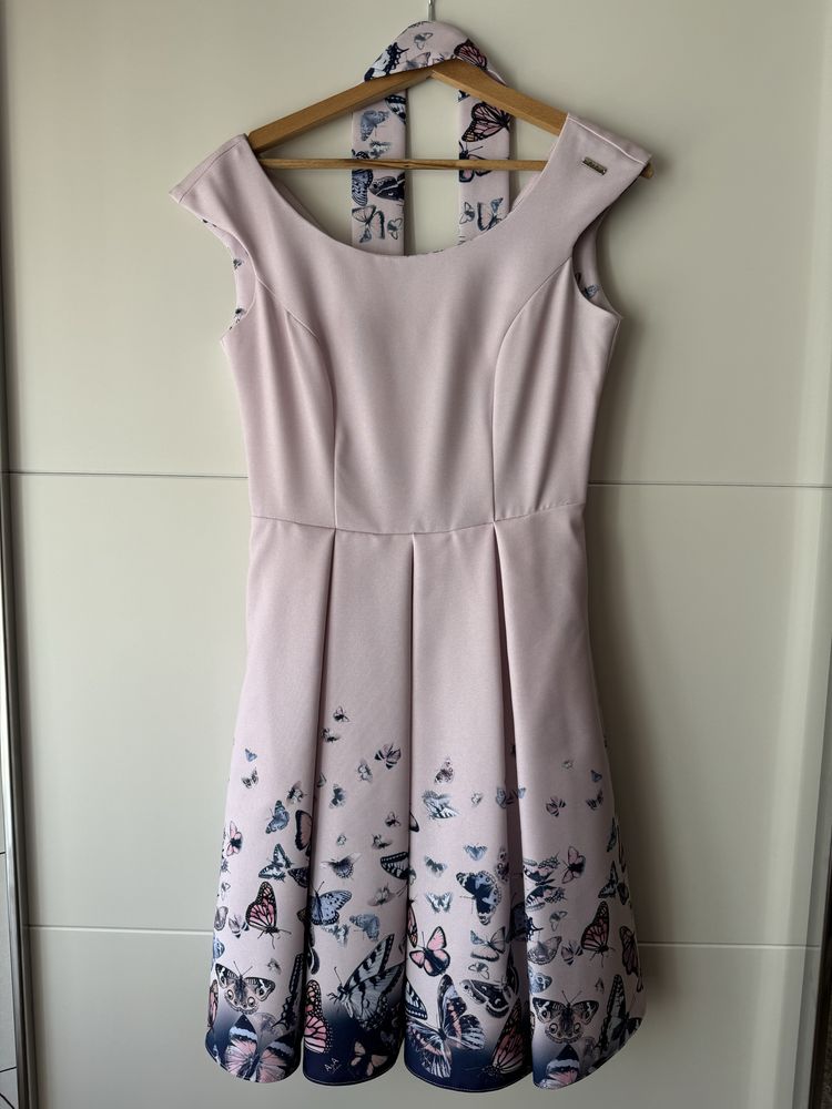 Rochie de ocazie roz cu fluturasi (cu buzunare)
