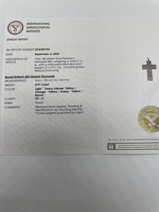 Cruce din aur alb 14 k cu diamante colorate natural 0,91 ct