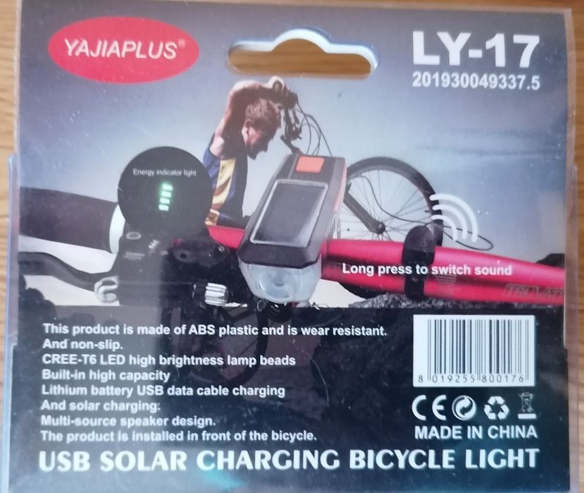 Far bicicletă cu led, cu încărcare USB și solară, sonerie, produs nou.