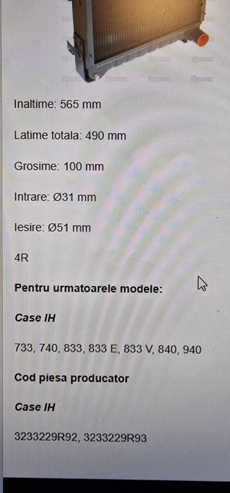 Radiator tractor case internațional ih 733.740 case ih 833 E .833 V 84