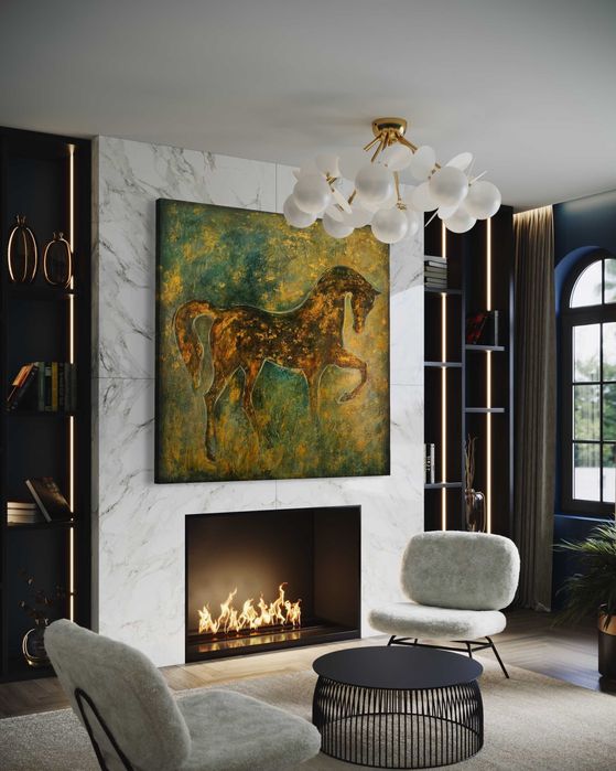 Картина холст масло золотой конь лошадь национальная этно живопись