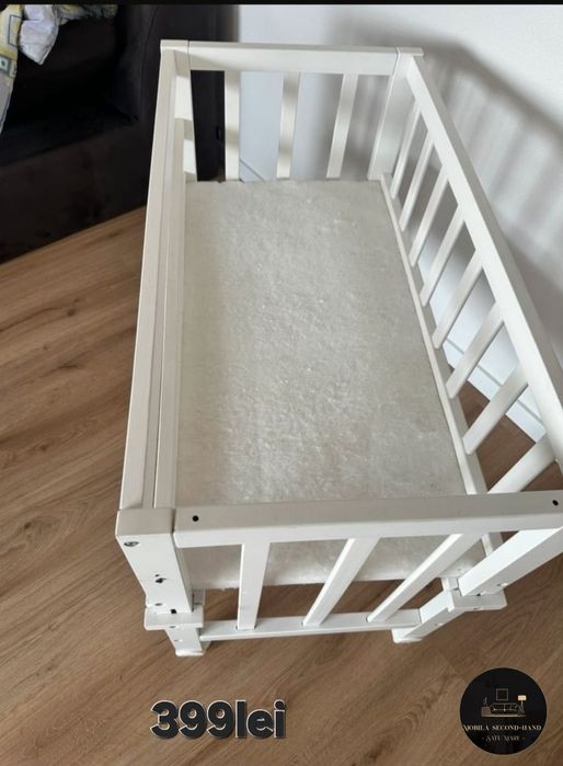 Patut bebelusi alb lemn cu roti si saltea inclusa