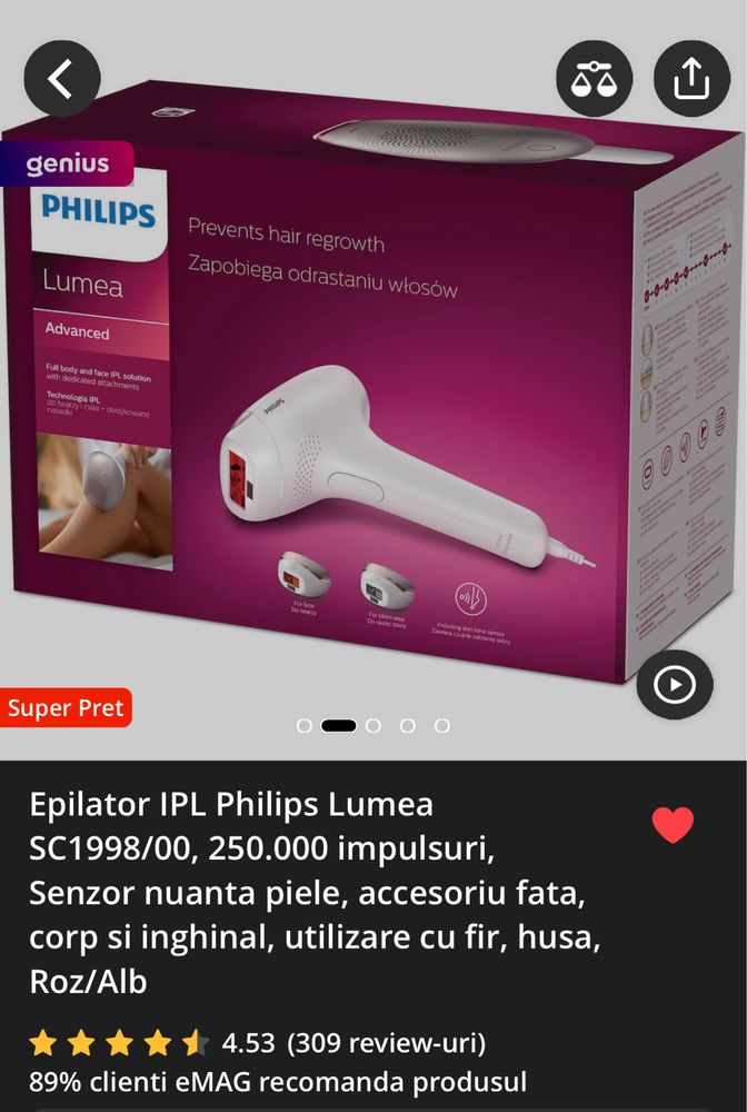 Epilator IPL Philips Lumea SC1998/00, 250.000 impulsuri