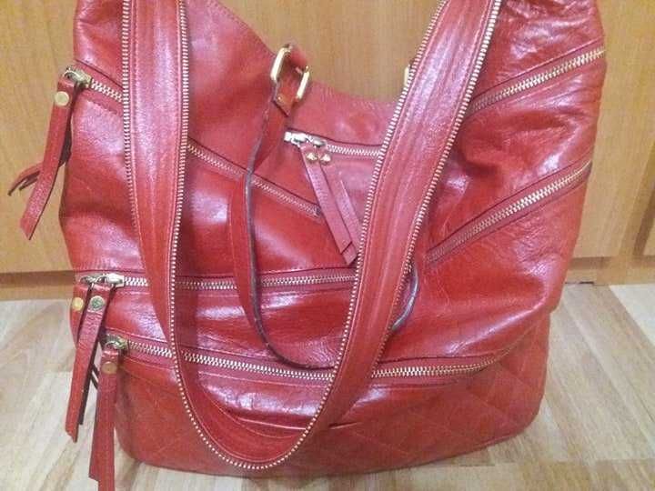 Голяма червена дамска чанта естествена кожа