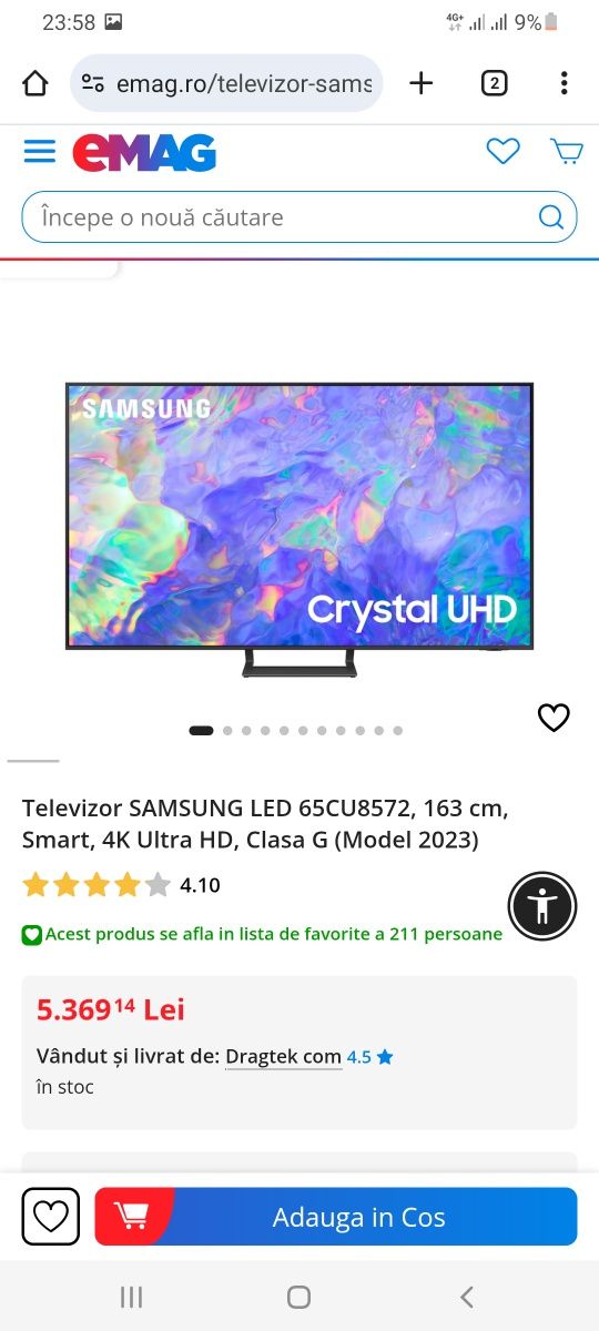 Televizor SAMSUNG LED 65CU8572, 163 cm, Smart, 4K Ultra HD,