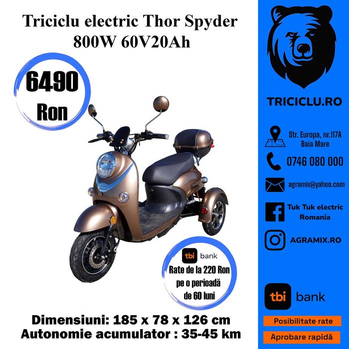 Tuk tuk Thor Fluxx-Spyder electric triciclu 800 W fara permis Agramix