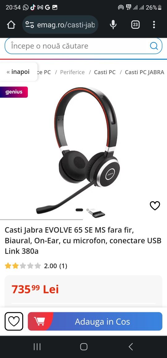 Casti Jabra EVOLVE 65 SE MS fara fir, Biaural, On-Ear, cu microfon, co