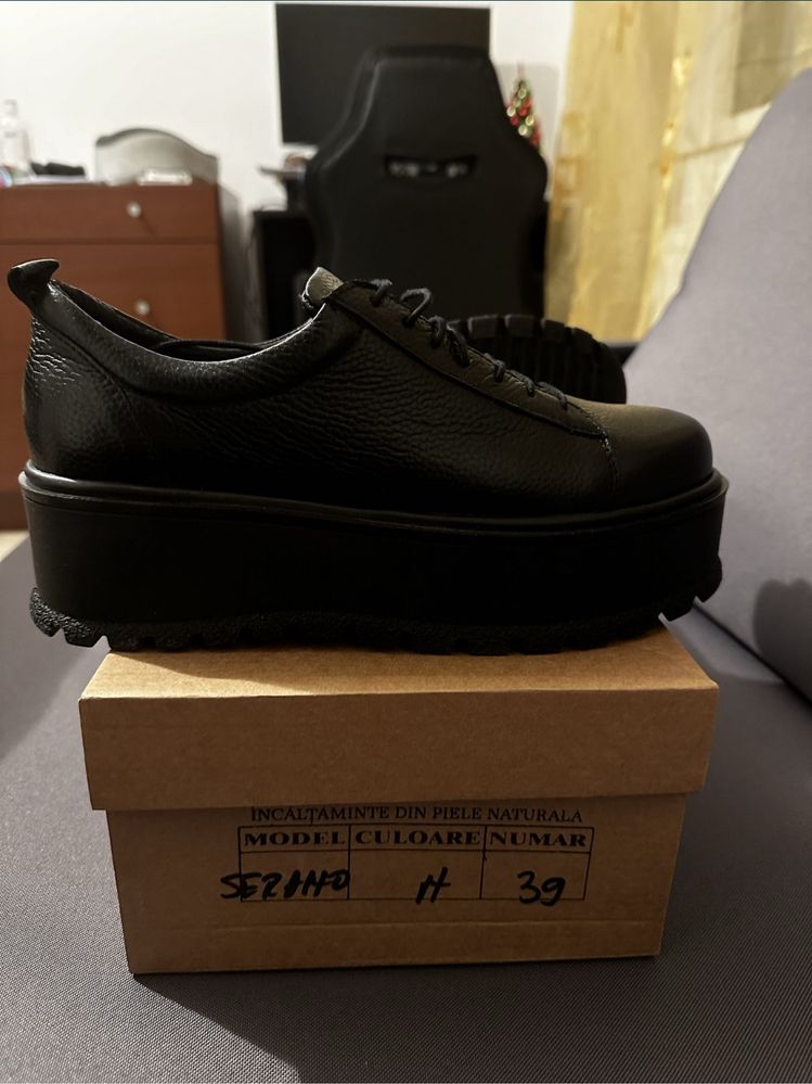 Pantofi dama piela naturala cu platforma plata,SERANO NEGRU 39