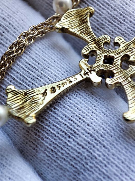 Faberge pandantiv Cruciulita Cruce Aur 14K  Email Diamante Safir Perle