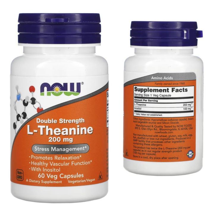 L-теанин, двойной концентрации 200мг 60 капсул Now из Америки