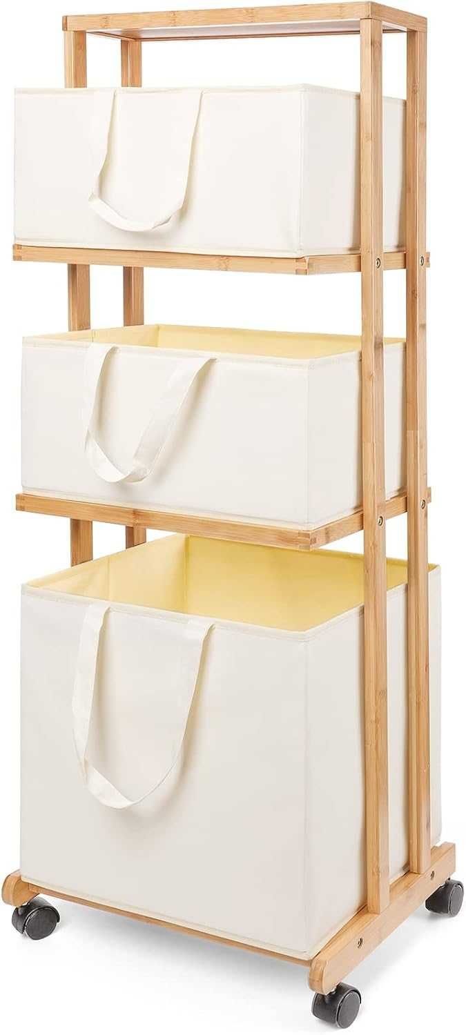 Cos de rufe bambus Yorbay, 4 nivele, 3 cosuri, cu roti, 121x34x42 cm