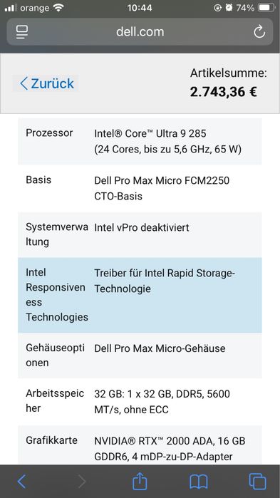 Dell Pro Max Micro - Ultra 9 285 + RTX 2000 Ada 16GB