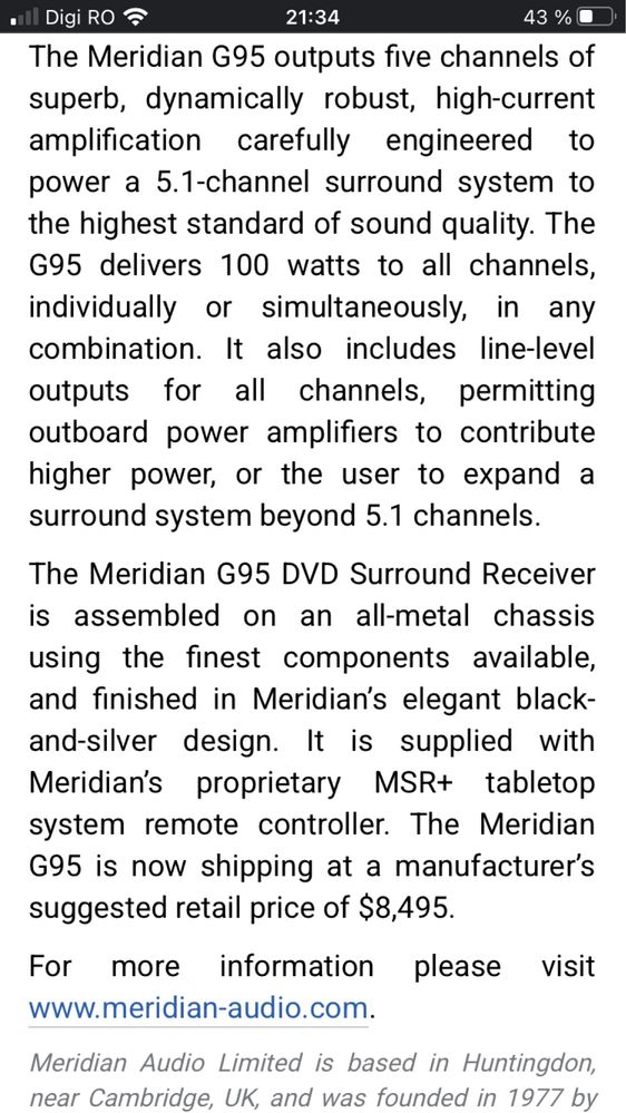 MERIDIAN G95 Amplificator Hi-End 5x100W Player HDMI Preț MAGAZIN 8500$