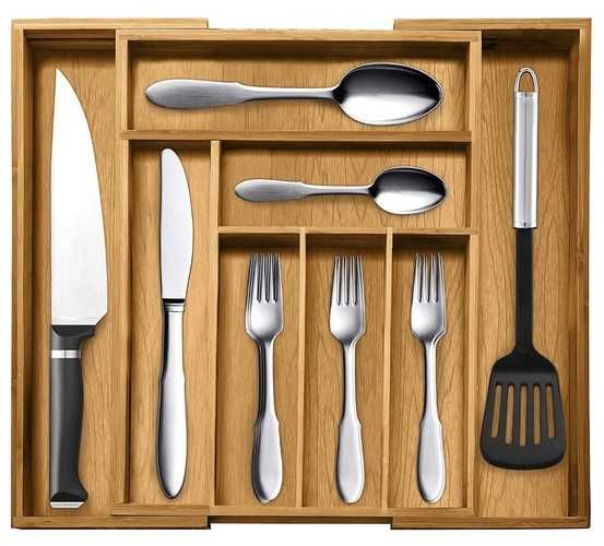 Organizator extensibil tacamuri bucatarie din bambus 6-8 compartimente