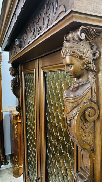 Biblioteca Dulap Lemn Vintage Sculpturi Picioare Gheare Leu