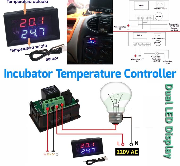 Termostat digital, termoregulator -50/+110 12V regulator temperatura