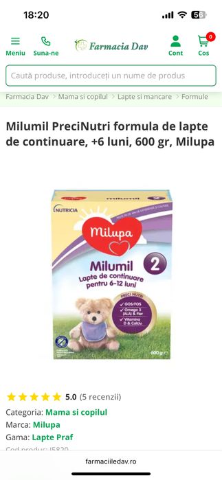 Vând Lape Milupa   Milumil 2.    6-12 luni