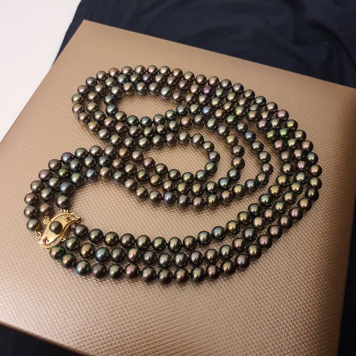 colier triplu perle naturale aur 14k rubine si diamante