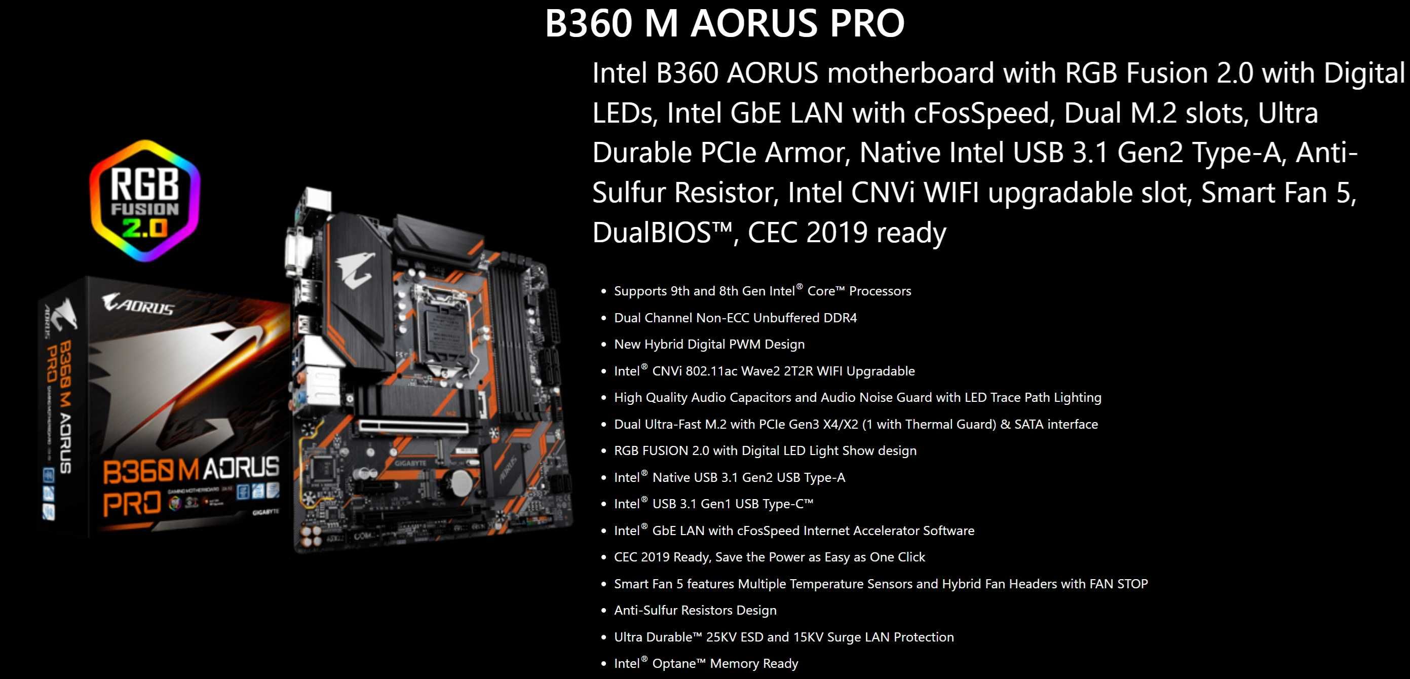 Дъно Дънна платка GIGABYTE B360 M Aorus PRO 1151 DDR4 RGB Overclock