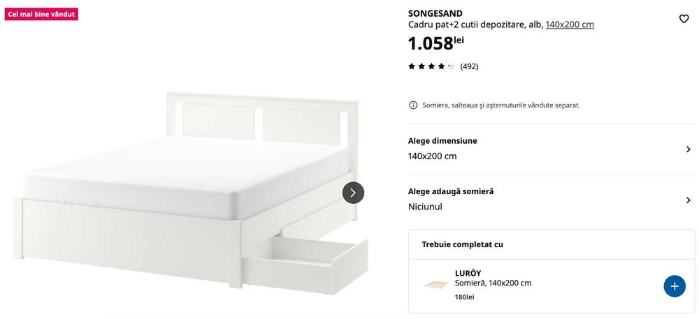 Cadru pat SONGESAND IKEA, 2 cutii depozitare, 140x200 cm + saltea JYSK
