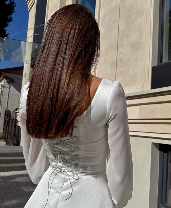 Rochie de mireasa lungă A-line, corset reglabil, mâneci lungi din voal