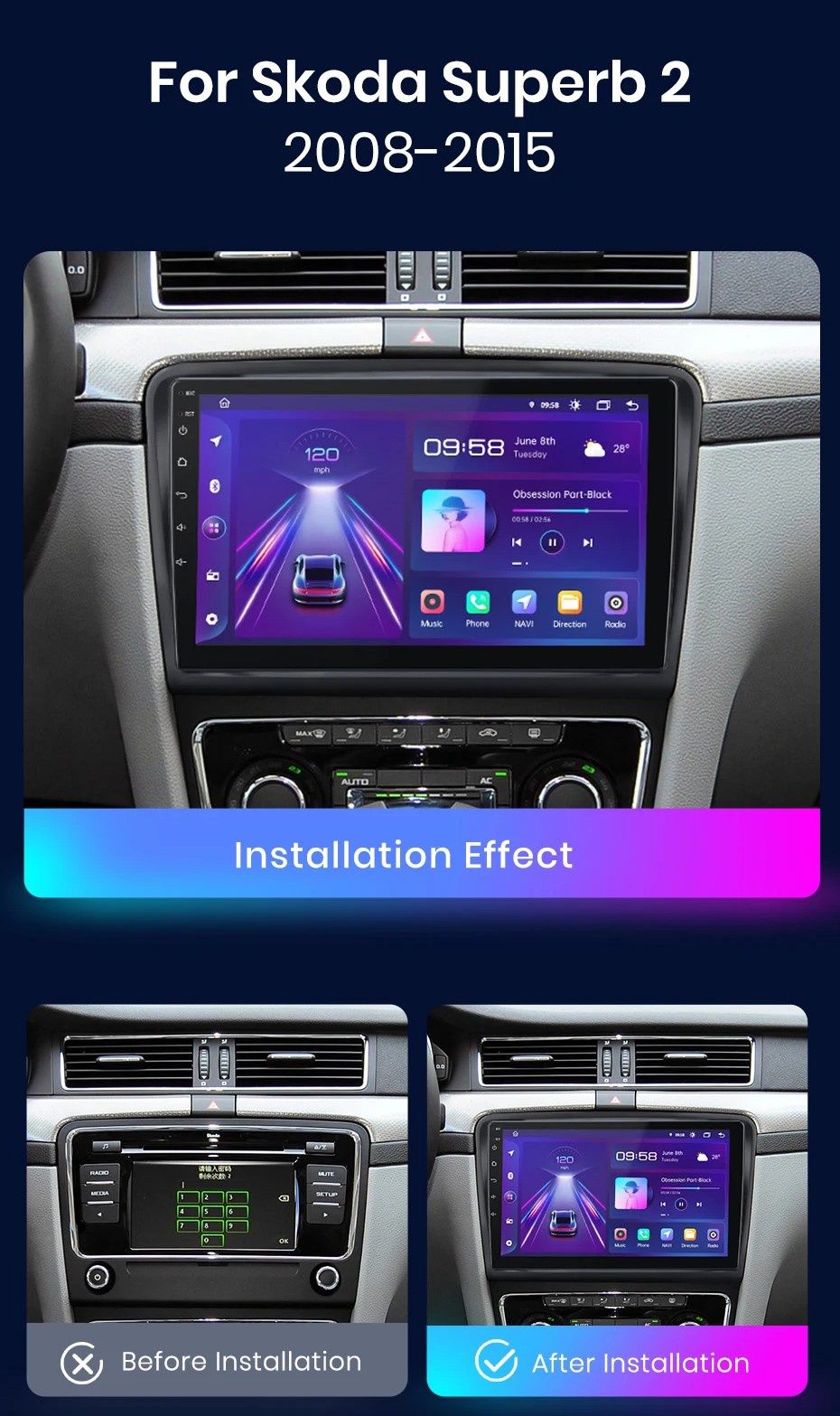 Navigatie Android dedicata pentru SKODA Superb 2 (2008-2015)