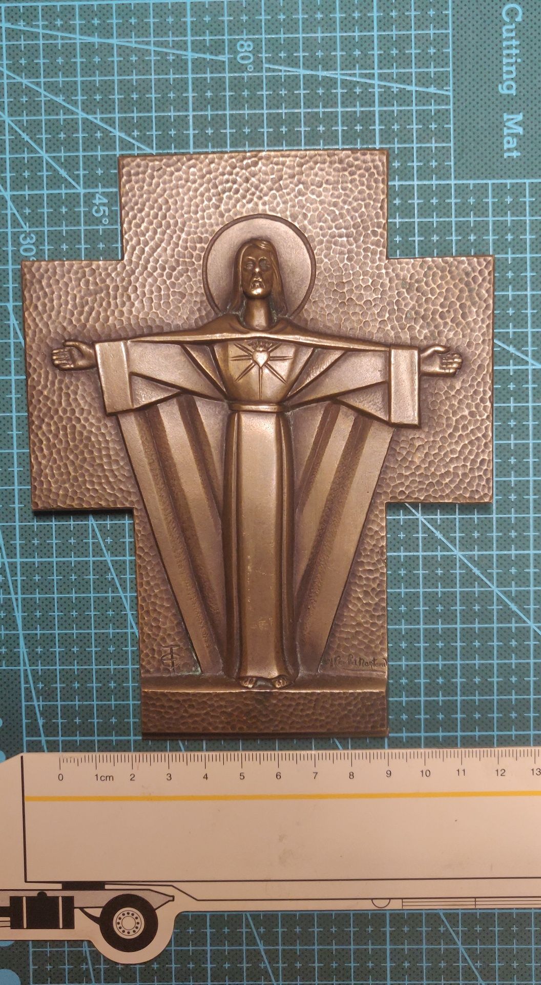 Vând / schimb. Cruce / Crucifix Sacré-Coeur Art Deco vintage, bronz ma