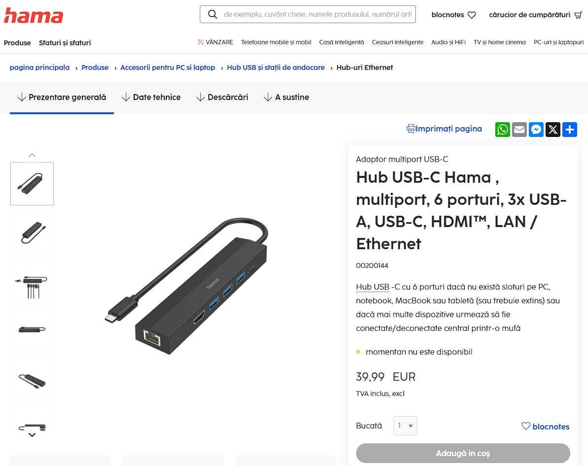 Hama USB-C-Hub, 6 Ports, 3x USB-A, USB-C, HDMI, LAN / Ethernet