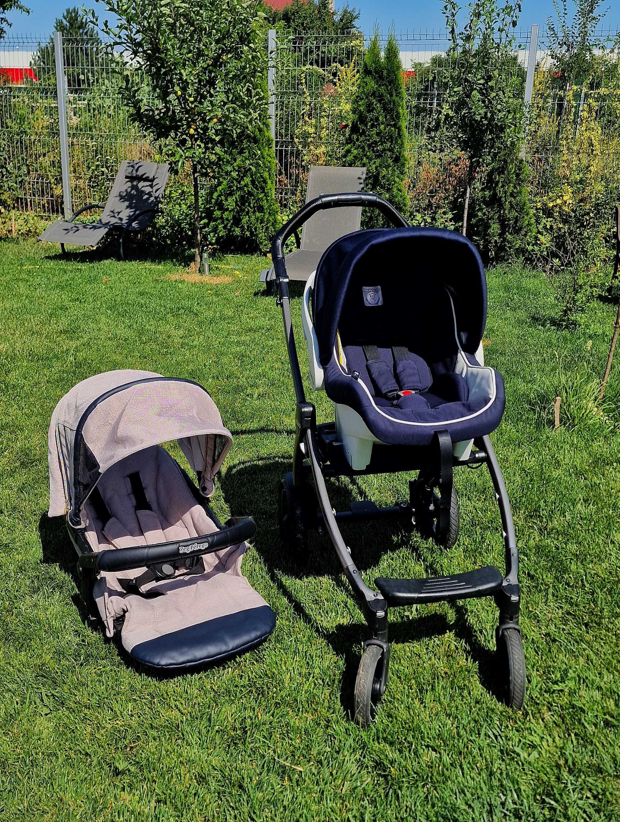 Set complet PegPerego 3 în 1–Cărucior, Landou, Scoică, Accesorii CADOU