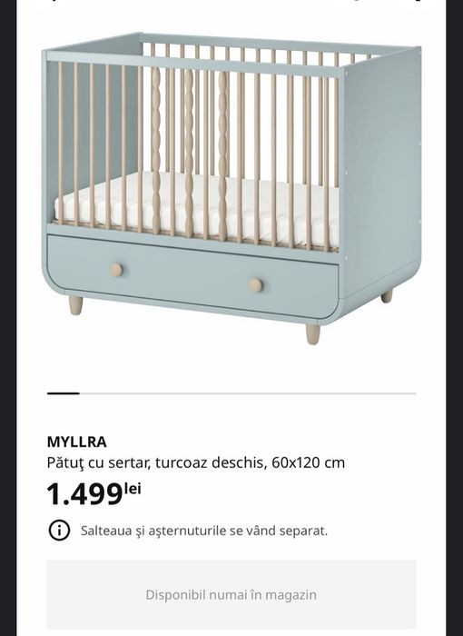 Patuț bebe impecabil myllra turcoaz și saltea inclusă