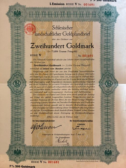titlu stat 200 Goldmark  1927 Germania bond marci aur  neincasat