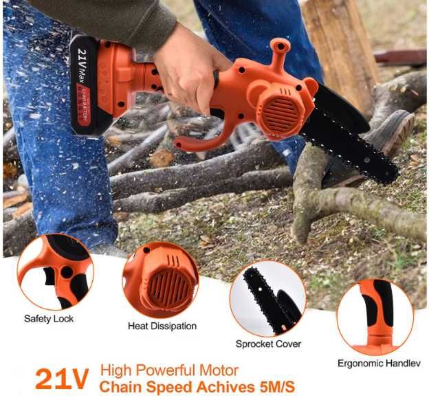 Mini drujba ferastrau cu lant/accesorii 6" 2 baterii 21V Negru