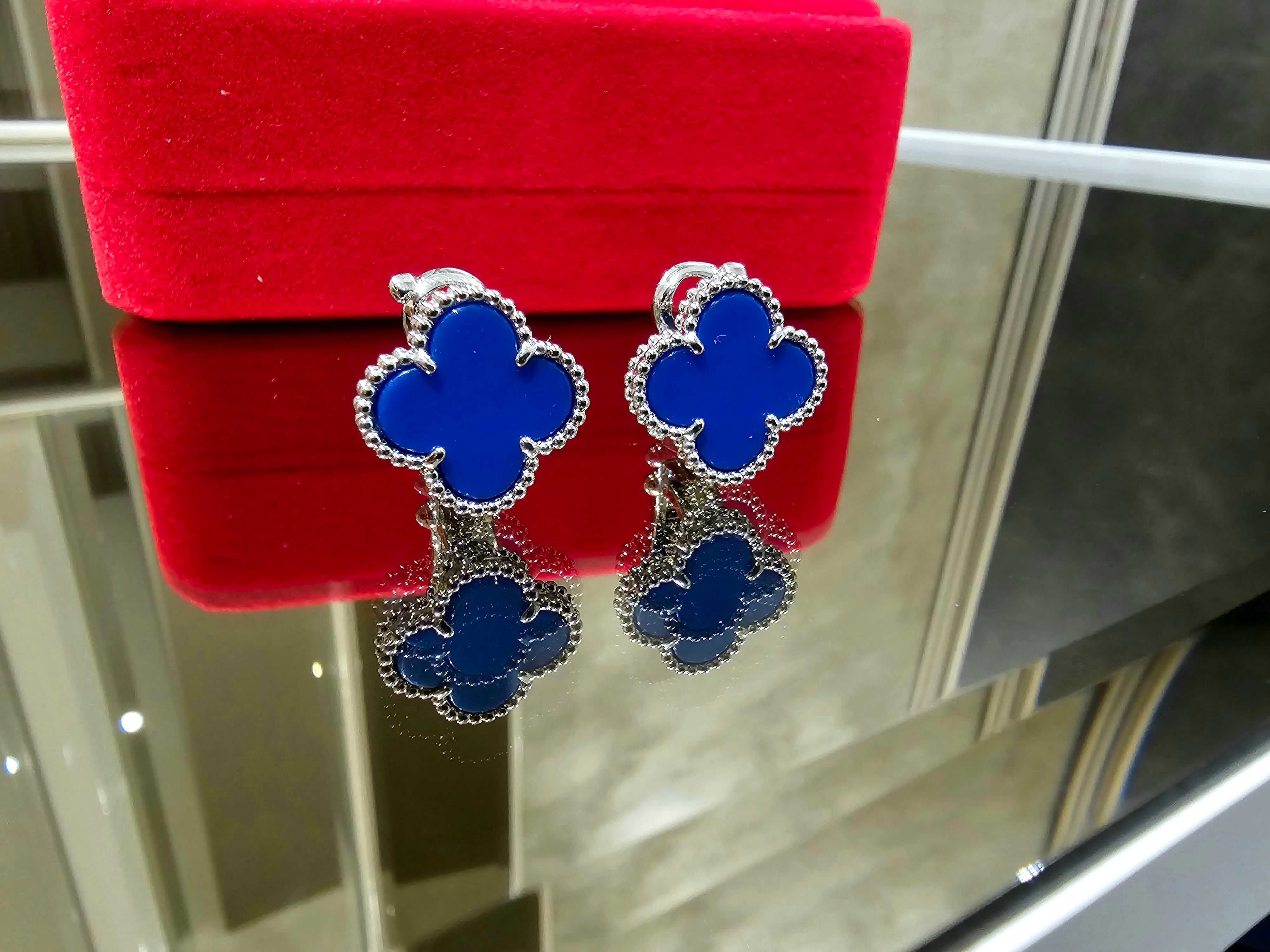 Van Cleef & Arpels VCA Silver Blue Agate Alhambra Clover Дамски Обеци