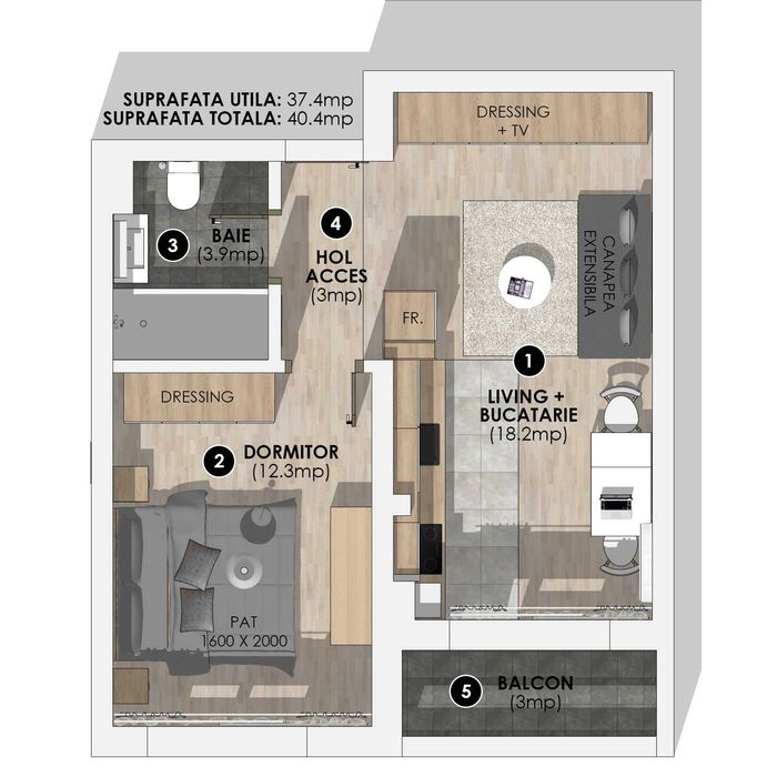 Studio Living + Dormitor Utilat în Weiner Palada – Direct Proprietar