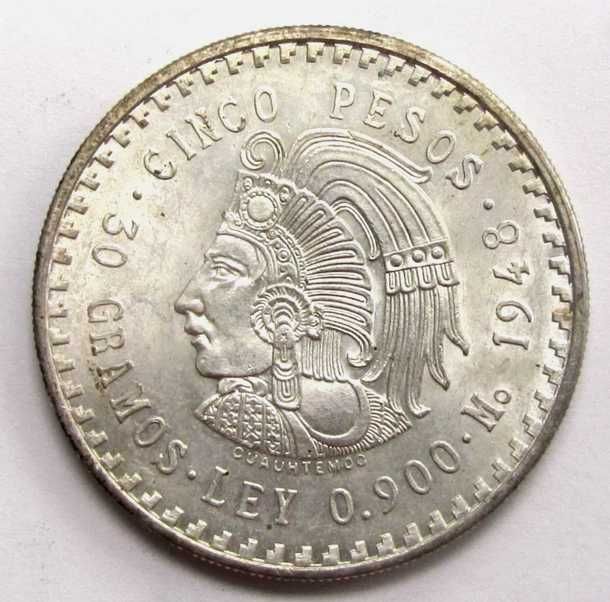 Moneda istorica din Argint 5 pesos Aztec Statele Unite Mexicane