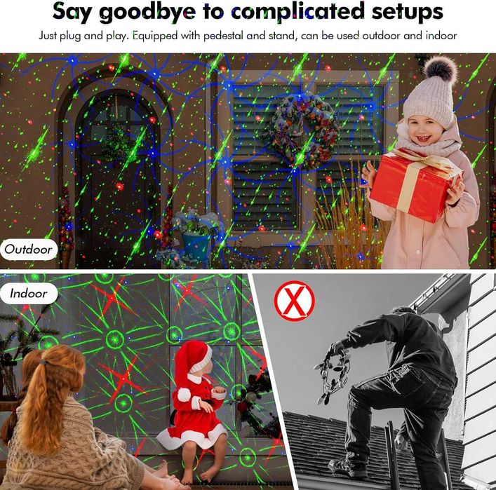 Коледен проектор, 8 празнични модела, за открито/закрито, дистанционно